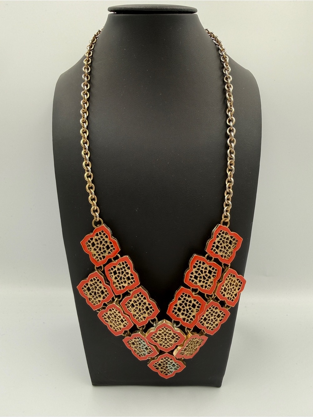 Coral Orange Gold Tone Filigree Quatrefoil Statement Bib Necklace Adjustable